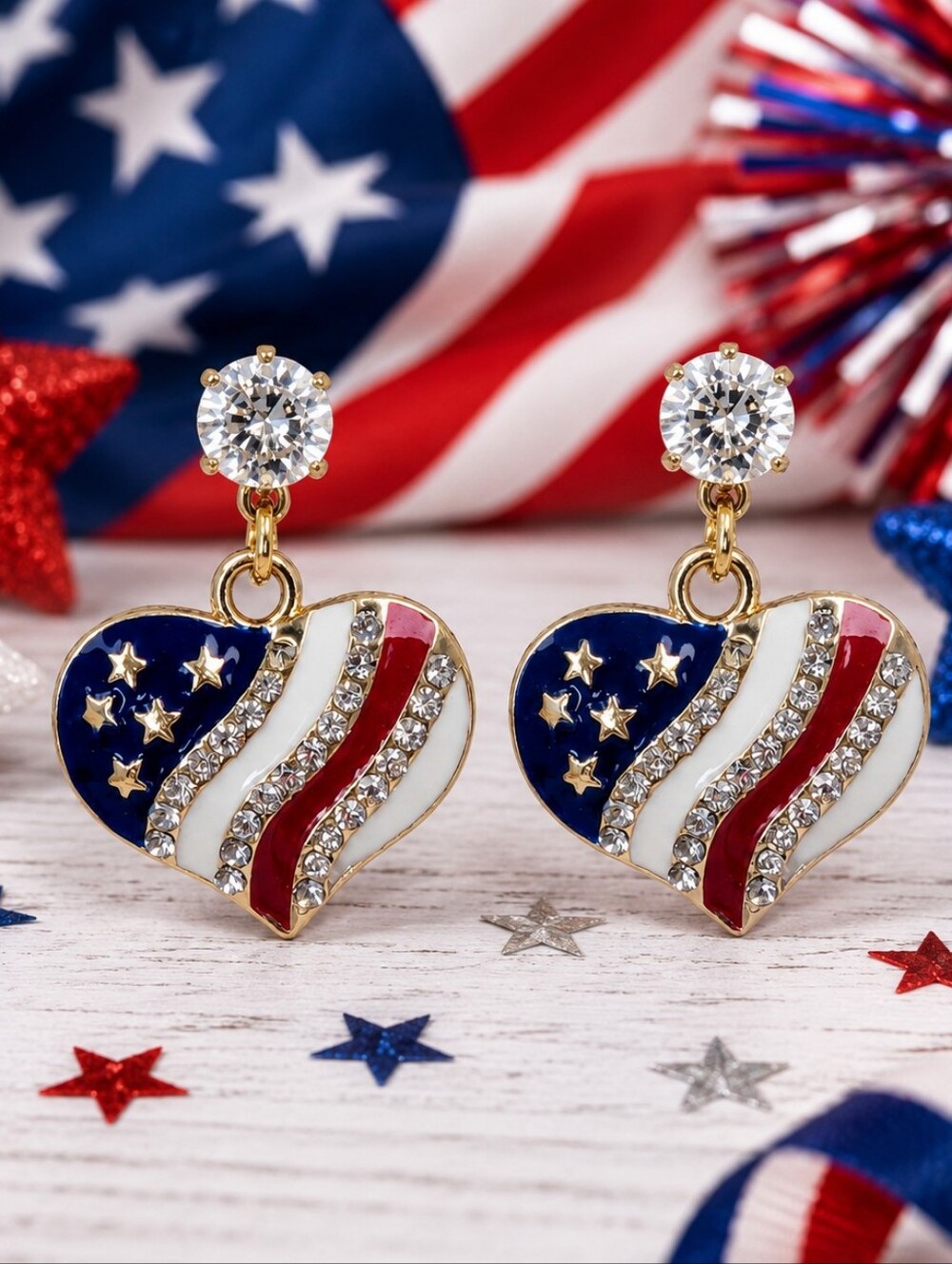 Patriotic USA Star Drop Earrings Red White Blue Rhinestone 4th of July